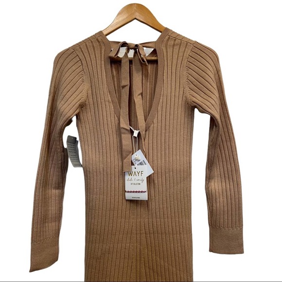 Wayf Ribbed Knit Sweater Dress Midi Tan Cutout Tie Emily x Dede Size XSmall New - Picture 4 of 11